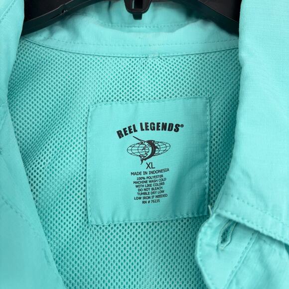 Reel Legends Button Up Shirt Mens XL Aqua Blue Short Sleeve Fishing Vented Back - Picture 5 of 11